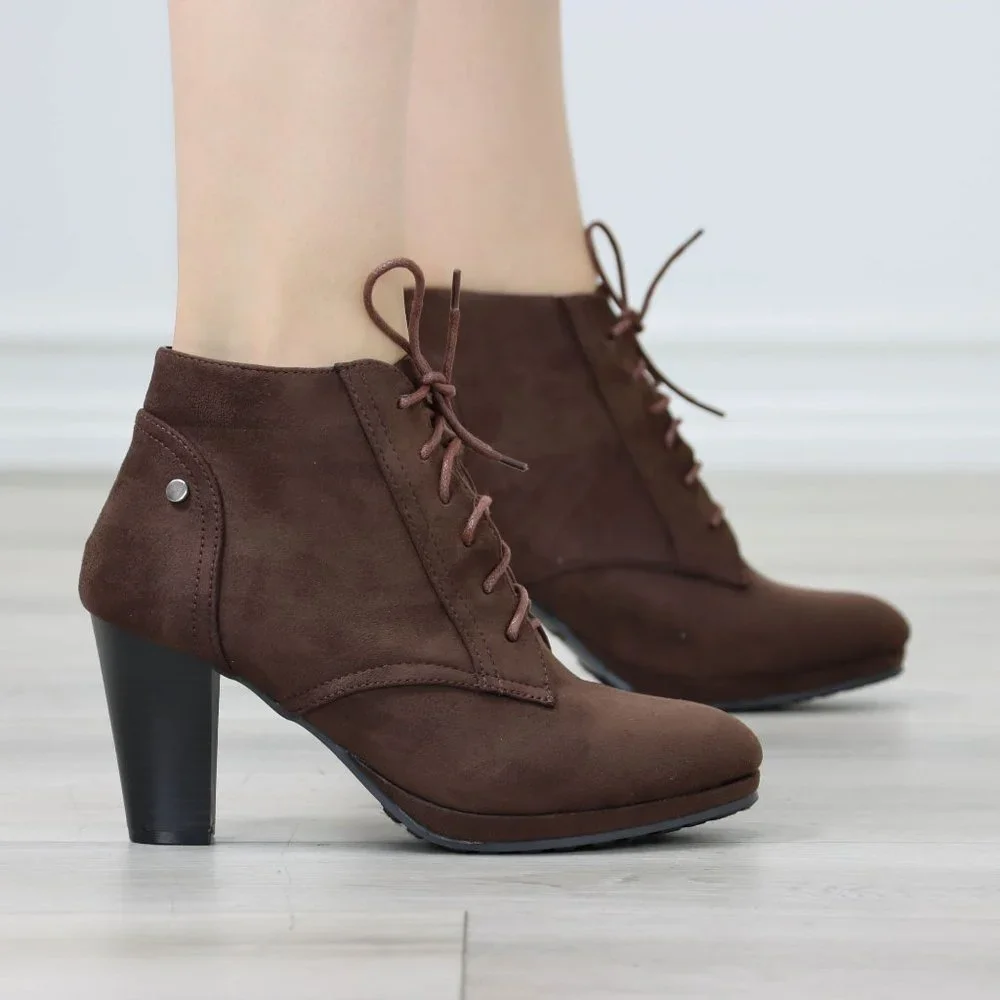 Womens Ankle Boots Lace Up Block Heel Booties Brown Faux Suede - Picture 4 of 11